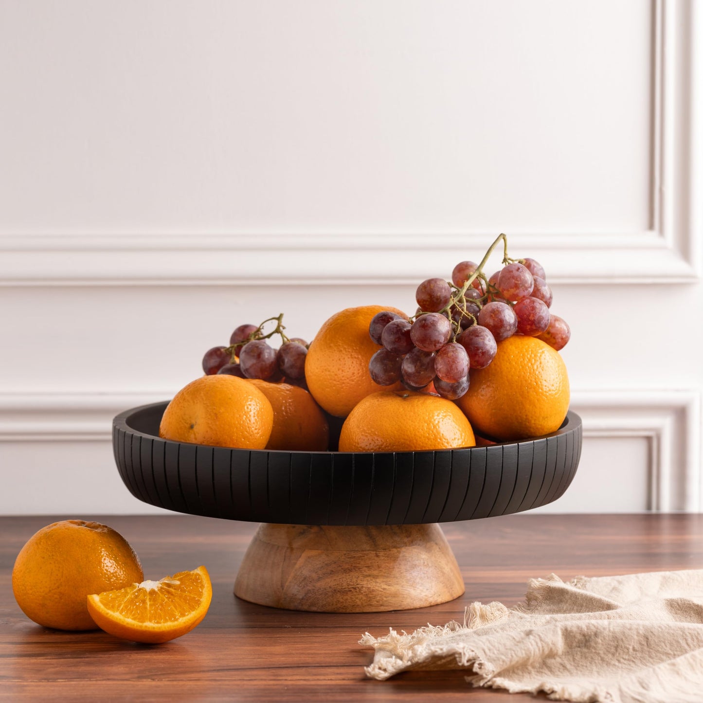 LAVAUK Mango Wood fruit bowl, Decorative black bowl with natural finish pedestal | 12" dia | Dual tone look | Use as Centerpiece for kitchen counter or dining table (Black)