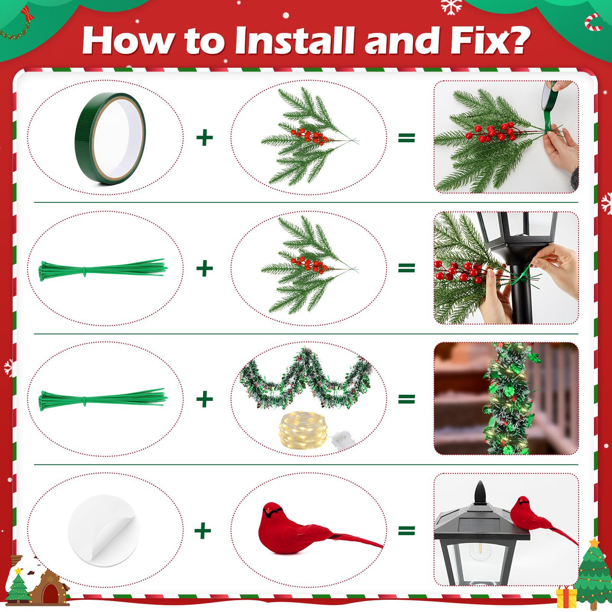 YIBOBO 13Pcs Christmas Lamp Post Decoration Set Include String Light, Pine Branches, Red Berries, Tinsel Garlands, Checkered Bow and Cardinal Bird for Outdoor Holiday Porch Lawn, NOT Include Lamp Post