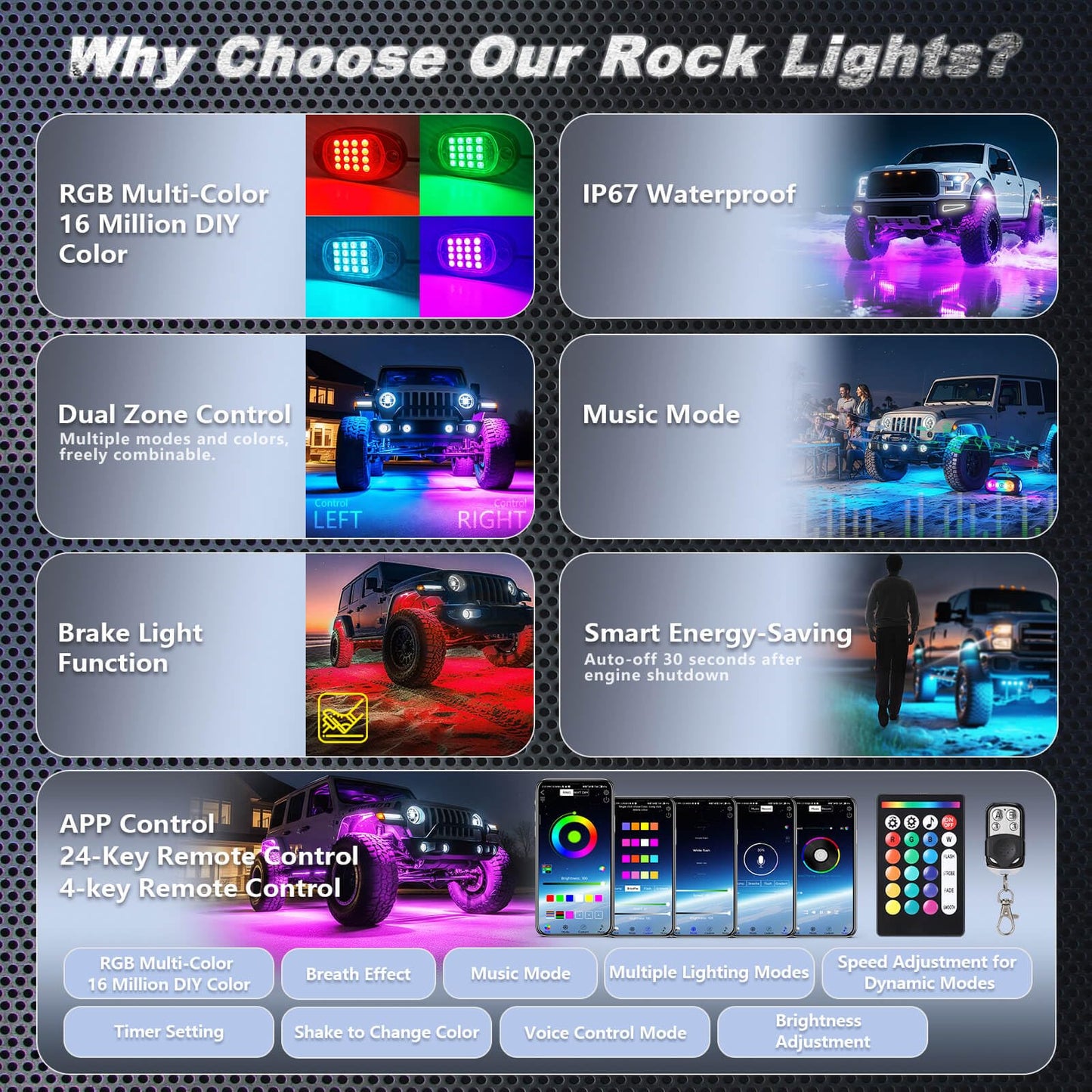 LD DARKEAGLE 8Pods RGB LED Rock Lights for Jeep Trucks Golf Cart ATV UTV RZR SUV Offroad, Multicolor Underglow Light Kit with APP/RF Remote Dual Zone Neon Vehicle Accent Underbody Light 12V Waterproof