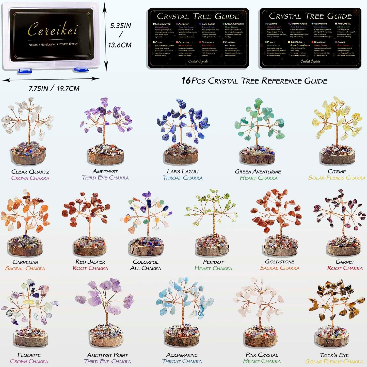 Cereikei 7 Chakra Healing Crystal Tree of Life, Set of 16 Handcrafted Crystals and Healing Stones Trees Collection, Home and Office Feng Shui Decor, Real Natural Crystal Tree Set with Info Guide