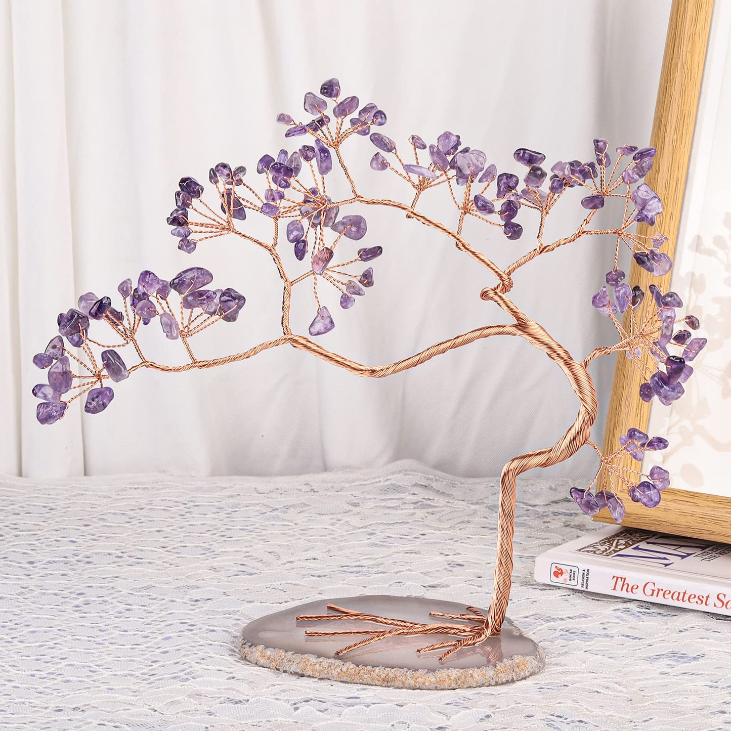 TUMBEELLUWA Crystal Money Bonsai Tree with Agate Slice Base for Wealth, Energy Tumbled Stones Fengshui Tree for Home Office Table Decoration, Amethyst