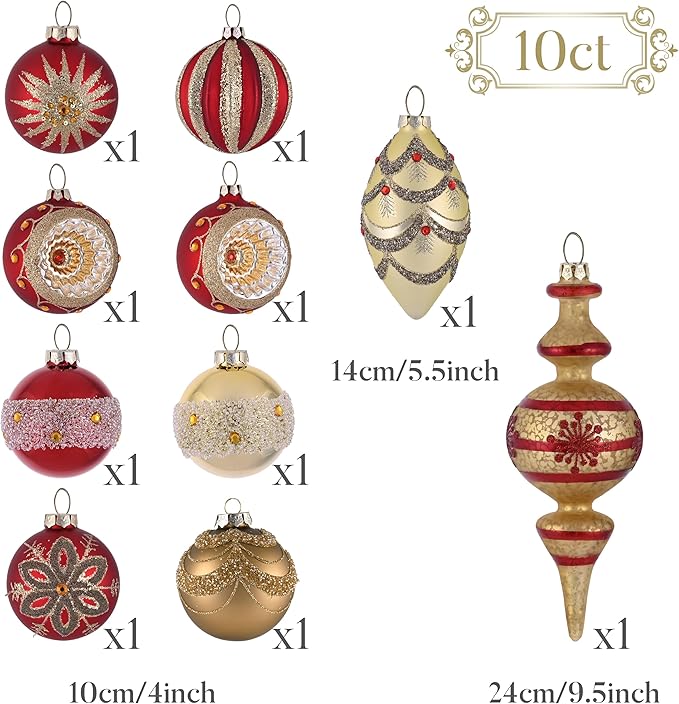 Valery Madelyn Glass Christmas Ornaments Set, 10ct Red Gold Mercury Blown Large Glass Christmas Tree Ball Decorations, Luxury Hanging Teardrop Finial Faceted Reflector Decor