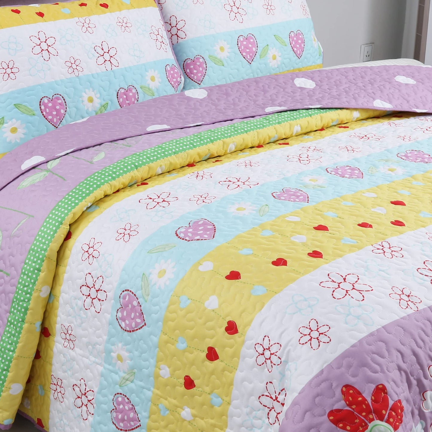 Cozy Line Home Fashions Floral Heart Print Reversible Girl Bedding Quilt Set, Bedspread, Coverlet (Flower Garden, Twin - 2 Piece)