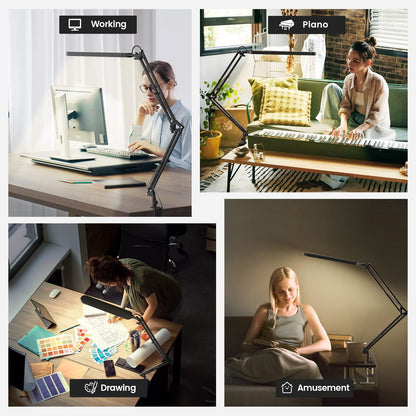 SKYLEO Desk Lamp - 80cm Desk Light - 5 Color Modes X 11 Brightness Levels - Adjustable Swing Arm - Timmer & Memory Function - 12W Study Lamp - Black
