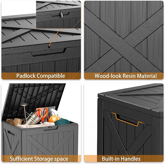 ROJIK 32 Gallon Outdoor Storage Housing Deck Box,Waterproof Patio Furniture, Garden Tools, Cushions, Pool Accessories Storage Bench with Lockable Lid and Side Handles(Black)