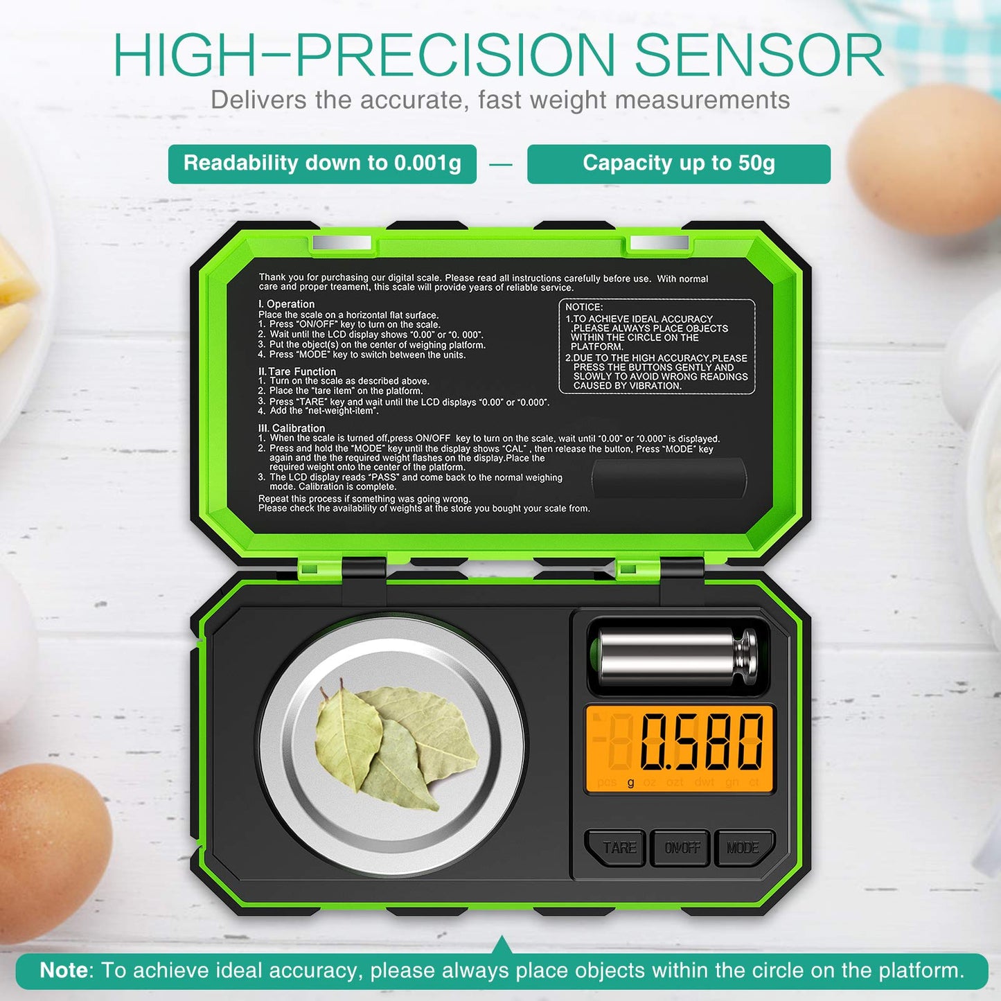 [Upgraded] ORIA Digital Pocket Scale, 50g 0.001g Mini Scale with 50g Calibration Weight, Multifunctional Kitchen Scale with Tare & LCD Backlit Display, Gift for Christmas(Battery/Tweezer Included)