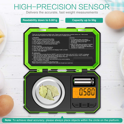 [Upgraded] ORIA Digital Pocket Scale, 50g 0.001g Mini Scale with 50g Calibration Weight, Multifunctional Kitchen Scale with Tare & LCD Backlit Display, Gift for Christmas(Battery/Tweezer Included)