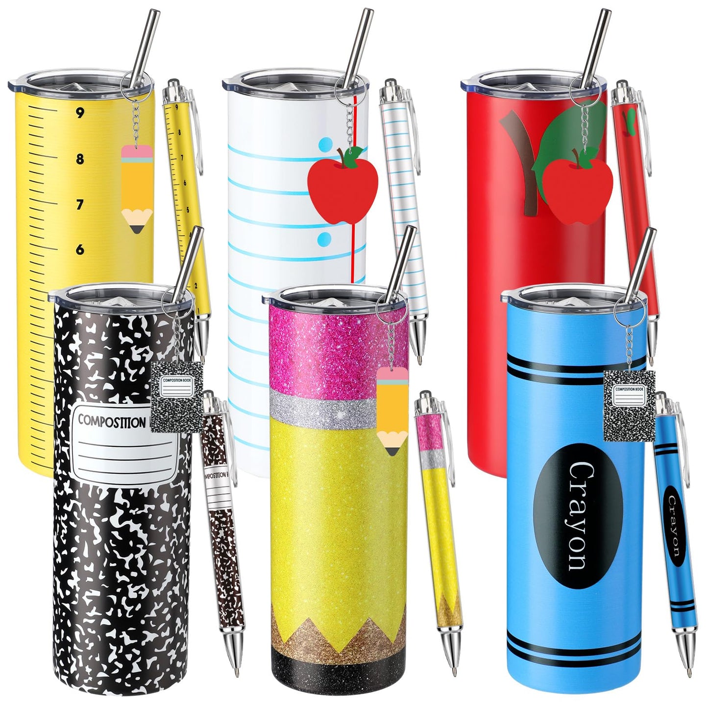 Skylety 18 Pcs/ 6 Sets Teacher Appreciation Gift Bulk Cute Teacher Gifts 20 oz Stainless Steel Tumbler Keychain Ballpoint Set for Graduation End of Year Educator (Vivid Stationery Style)