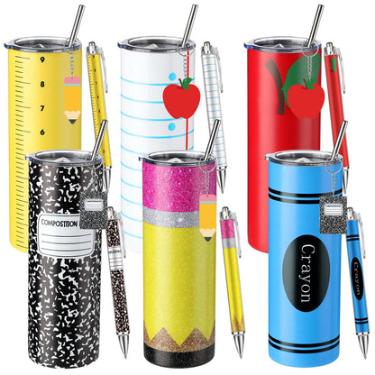 Skylety 18 Pcs/ 6 Sets Teacher Appreciation Gift Bulk Cute Teacher Gifts 20 oz Stainless Steel Tumbler Keychain Ballpoint Set for Graduation End of Year Educator (Vivid Stationery Style)