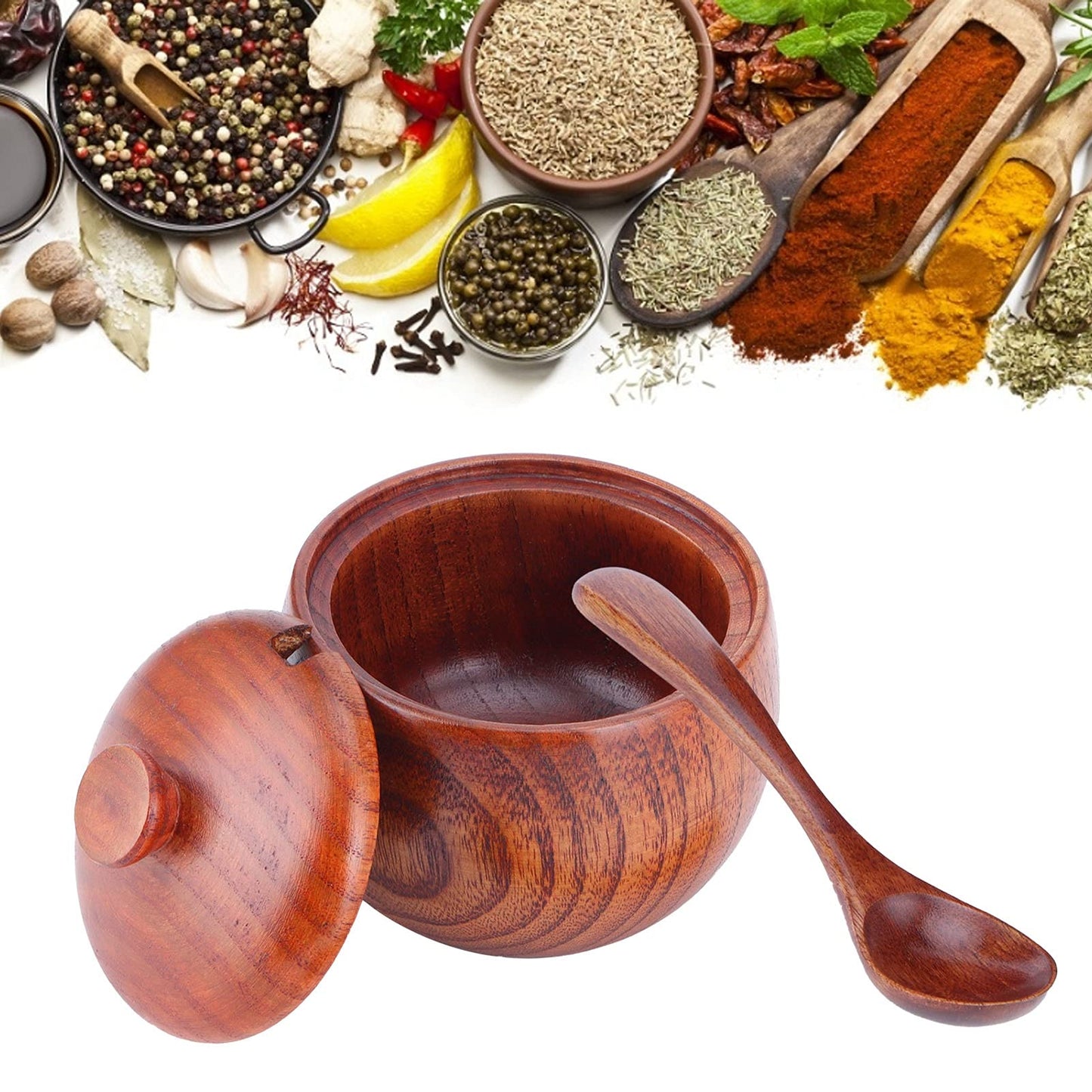 Agatige Wooden Salt Box with Lid Spoon, Vintage Salt Container Shaker Seasoning Container Cooking Utensil Sugar Holder for Kitchen, Serving, Condiment, 3.3x3.5in