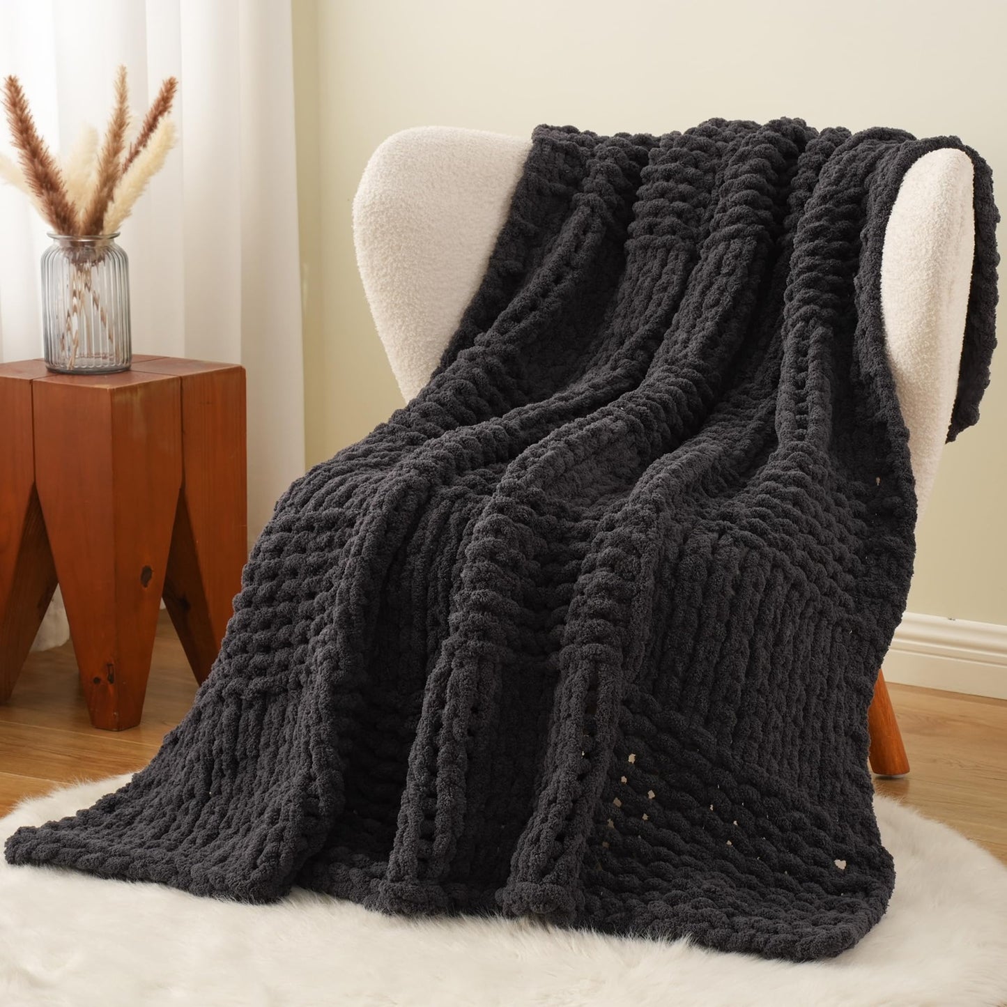 Bunnikins & Clover Dark Grey Throw Blanket for Couch, Chunky Knit Blanket Throw for Sofa & Home Decor, Soft and Cozy Charcoal Throw Blankets, 50"x60"
