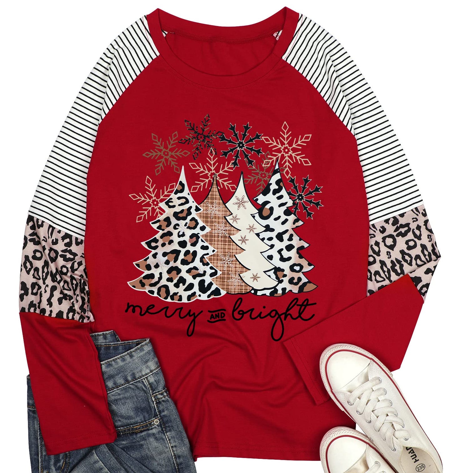 Christmas T Shirt Womens Merry and Bright Shirt Xmas Leopard Print Tree T-Shirt Holiday Graphic Tee Tops (Red, X-Large)