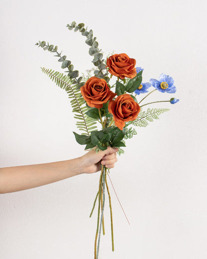 DuHouse 10Pcs Artificial Roses Fake Silk Flowers Realistic Bridal Bouquets with Single Long Plastic Stems for Arrangement Wedding Table Centerpiece Party Home Decor(Burnt Orange)