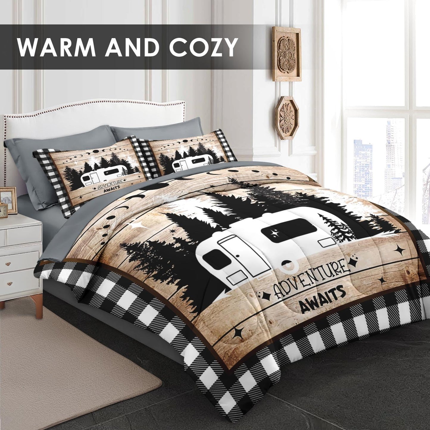 Pamnest Comforter Set Full Size, Camping Camper Rv 7 Pcs Bedding for Kids and Adults, Car Family Bed Sheet Sets with Fitted Sheet 2 Pillowcases & 2 Shams for Bedroom Bed Decor