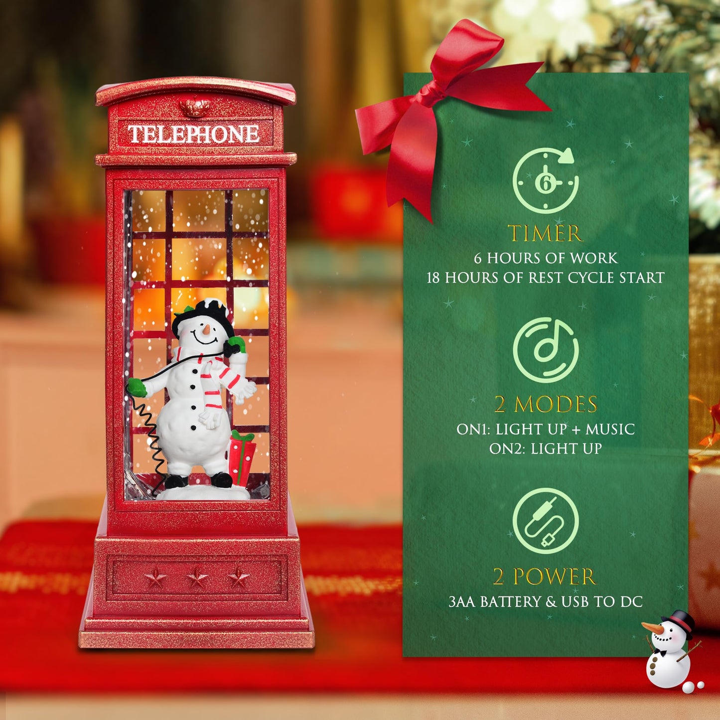 Christmas Snow Globes, 10" Snowman Christmas Glitter Lantern with 8 Songs, 6H Timer Battery & USB Powered Music Box for Christmas Table Decorations