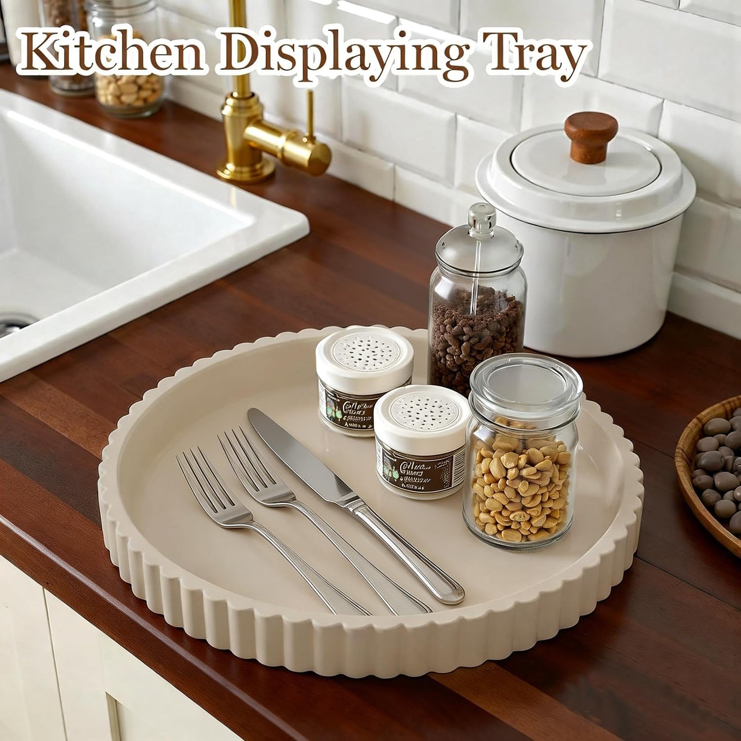 Zyphlux Round Decorative Trays & Coffee Table Tray, 11 Inch Fluted Coffee Table Centerpiece Decor, No Slip Modern Circle Concrete Organizer for Living Room, Console, Kitchen Island, Dresser
