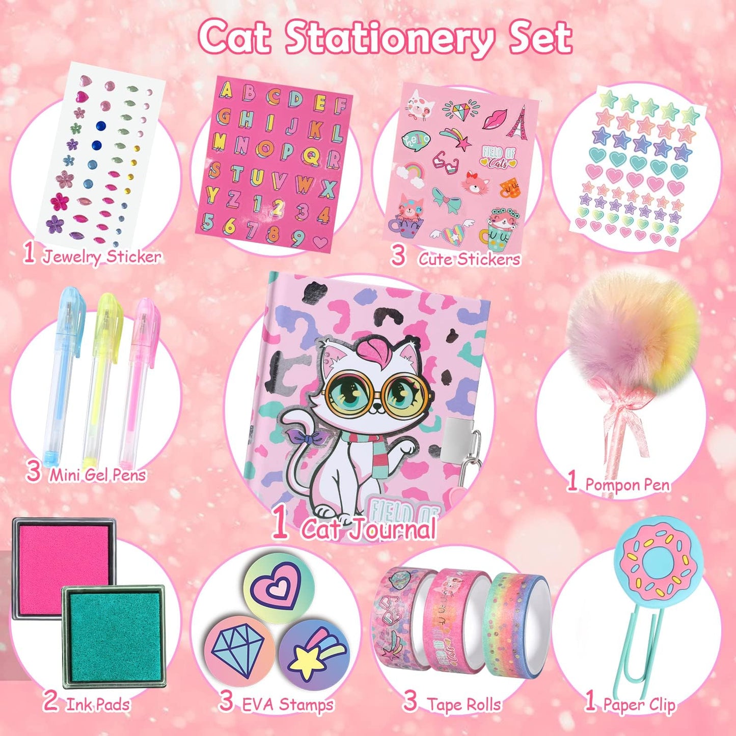 YOYTOO Cat Diary for Girls with Lock, Cat Stationery Set with Secret Diary, Stamps, Pens, Journal Notebook Birthday Christmas Gifts for Little Girls Age 5 6 7 8 9 10