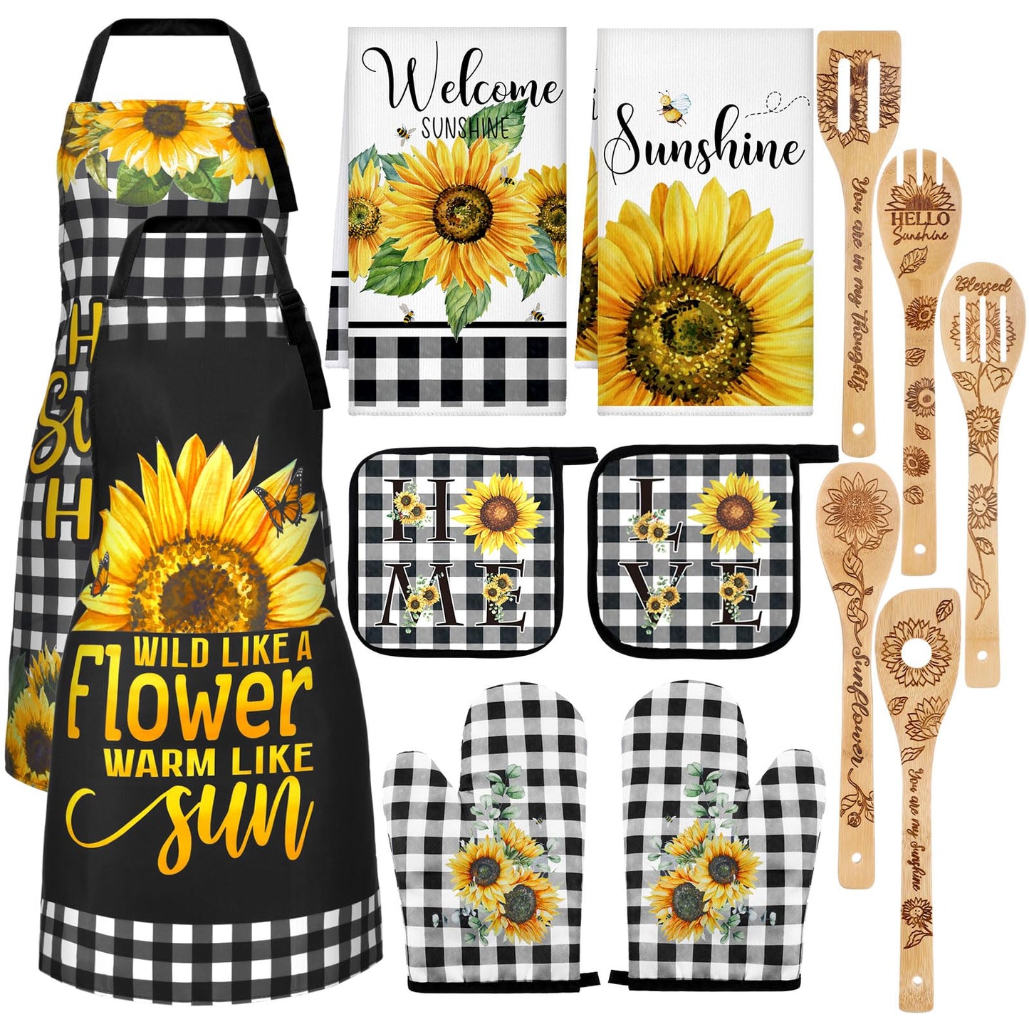 Bencailor 13 Pcs Sunflower Kitchen Set Sunshine Farmhouse Kitchen Decor Rustic Sunflower Dish Towels Retro Yellow Apron Oven Mitts and Pot Holders with Cute Wooden Tableware Set for Home
