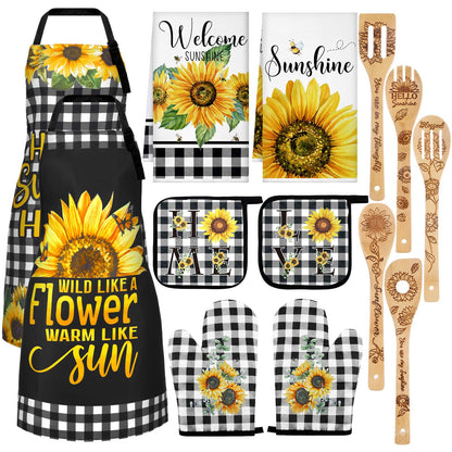 Bencailor 13 Pcs Sunflower Kitchen Set Sunshine Farmhouse Kitchen Decor Rustic Sunflower Dish Towels Retro Yellow Apron Oven Mitts and Pot Holders with Cute Wooden Tableware Set for Home
