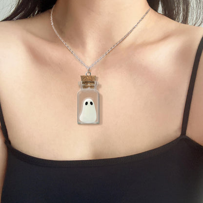 TKHLT Ghost in A Bottle Pendant Necklace,Glow In The Dark Ghost Necklace The Adopt A Ghost Necklace Halloween Jewelry for Women and Men