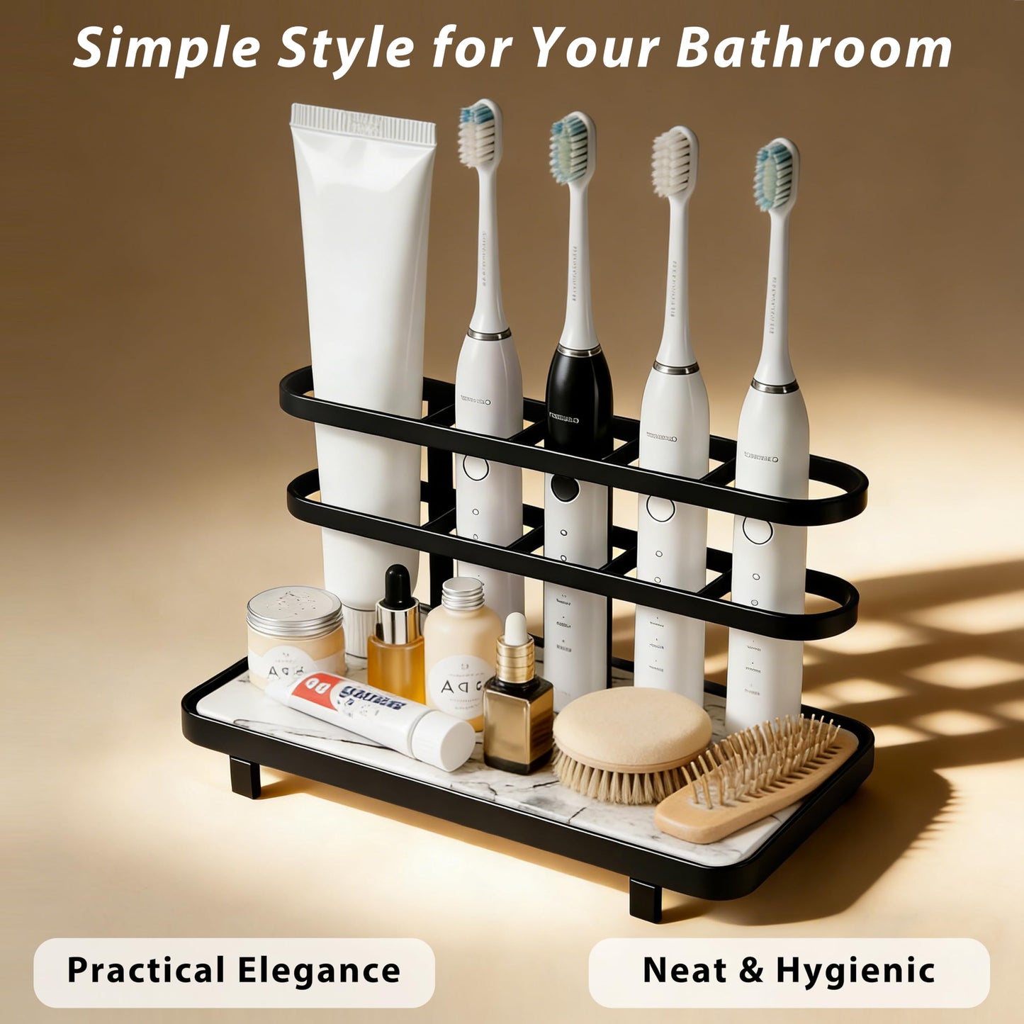Diatomite Toothbrush Holder for Bathroom, Quick Dry Diatomaceous Earth Base, 5 Slot Electric Toothbrush Organizer for Countertop, Toothpaste Holder Bathroom Counter Organizer, Black