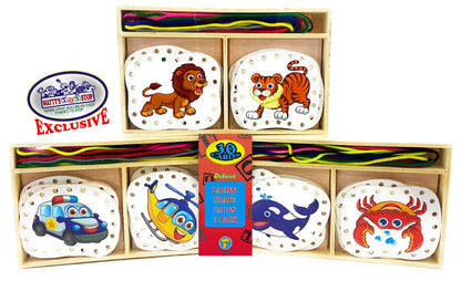Matty's Toy Stop Deluxe Lacing Shapes (10 Count) Vehicles, Fish & Jungle Animals Educational Gift Set Bundle - 3 Pack (30 Shapes Total)