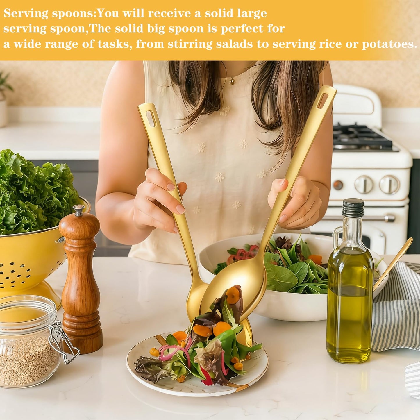 Large Serving Spoons Set, 304 Metal Slotted Spoon Cooking Spoon Buffet Spoons Set for Serving, Tabletop Flatware Utensil, Gold