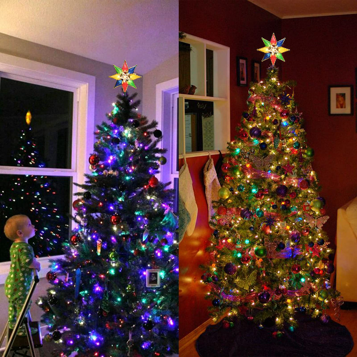 Brizled Christmas Star Tree Topper, 8" Lighted Double-Sided Christmas Tree Topper, 8-Point Multi Color Xmas Tree Topper with 10 Warm Lights, 120V UL Certified Tree Star for Christmas Tree Party Home