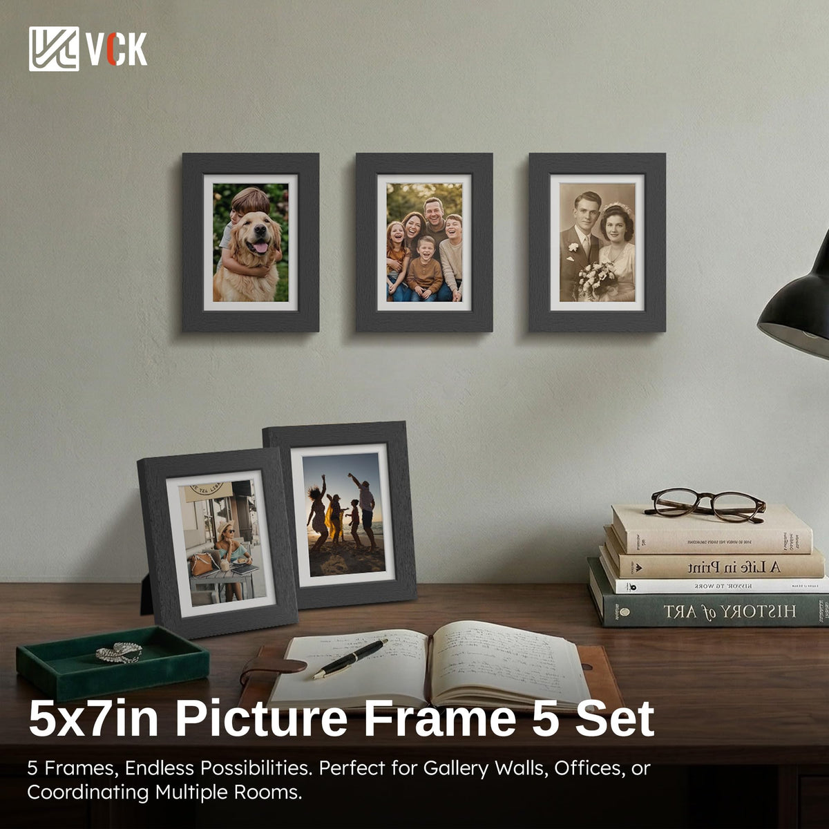 VCK 5x7 Picture Frame Black - 5 Pack, with Tempered Glass, Displays 4x6 Photo with Mat or 5 x 7 Without, for Horizontal/Vertical Tabletop & Wall Hanging in Home, Office, or Gallery