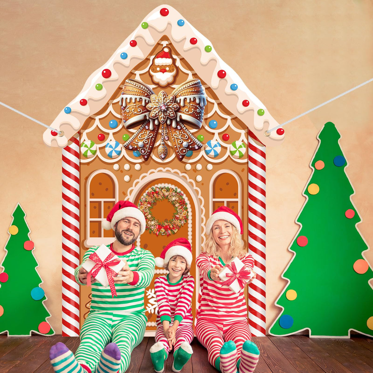 Panelee Large Christmas Gingerbread House Decorations, Gingerbread House Backdrop Photo Prop, 8 x 6 ft Fabric Xmas Candy Backdrop Decor for Holiday Party Decor
