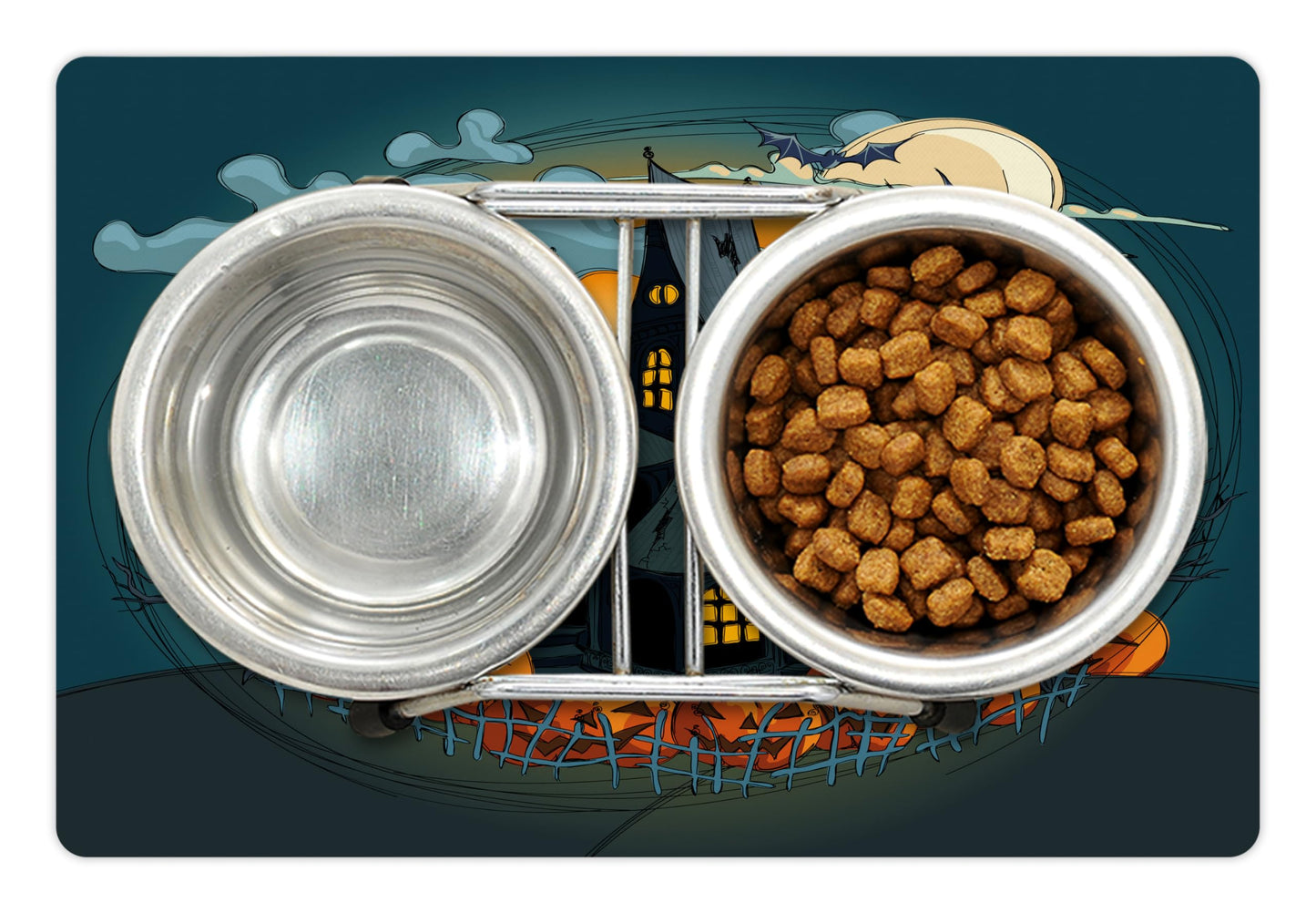 Lunarable Halloween Pet Mat for Food and Water, Medieval Haunted Castle with Garden Pumpkins Dark Clouds Scary Nights Print, Rectangle Non-Slip Rubber Mat for Dogs and Cats, Orange Teal