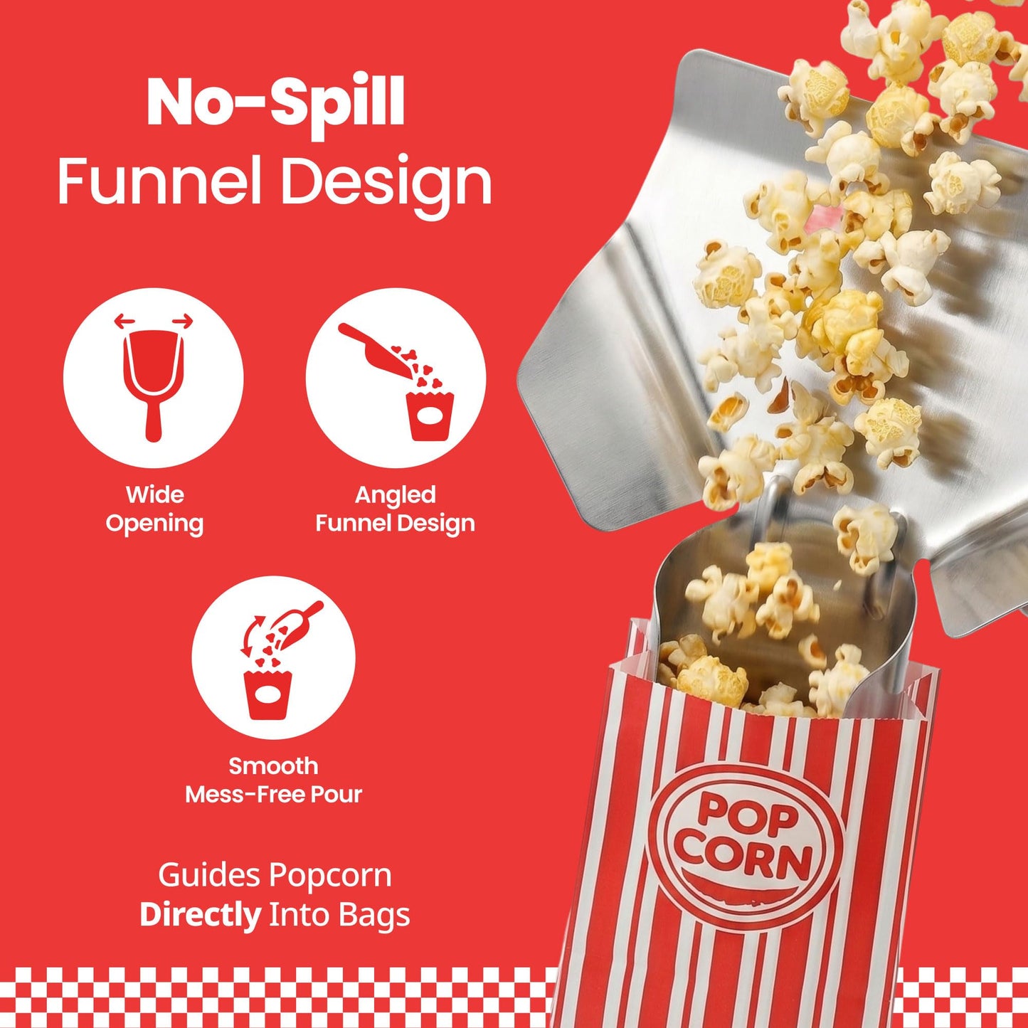 Scoopset Popcorn Scoop Set with Salt Shaker & 10 Popcorn Bags, Stainless Steel Popcorn Scoop for Popcorn Machine, Popcorn Scooper, French Fry Scoop Bagger Shovel