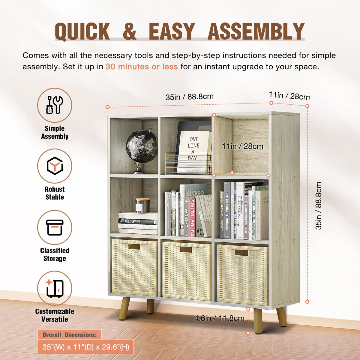 ELYUP 9-Cube Open Shelf Bookcase - 3-Tier Wooden Floor-Standing Bookshelf with Legs and Backpanel, Ideal for 11-inch Fabric Storage Bins and Miscellaneous Organizer, Oak