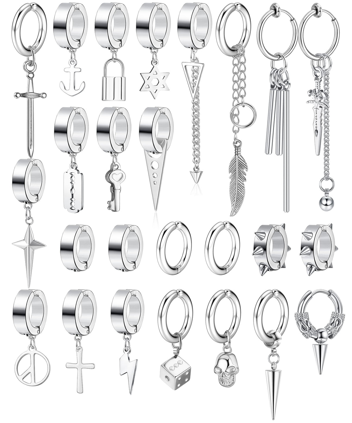 Thunaraz 25 Pcs Clip-on Earrings - Stainless Steel Cross, Chain, Dangle, Black Fake Earrings for Men & Women - Non-Pierced Huggie Hoop Set