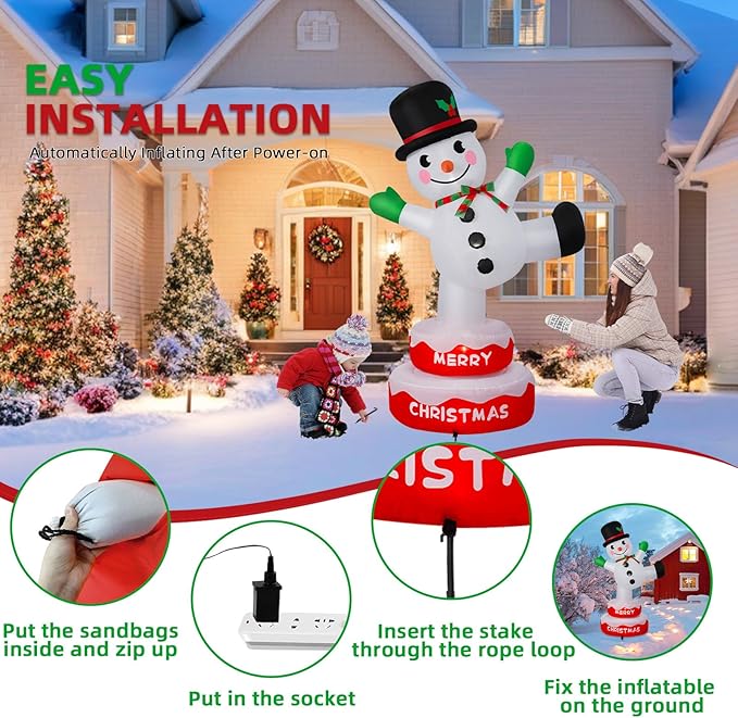 6FT Christmas Inflatables Snowman Outdoor Decorations, Rotating Snowman Inflatable Stands on Donut Base Christmas Blow Up Yard Decorations Built-in LEDs for Xmas Party Garden Outdoor Decor
