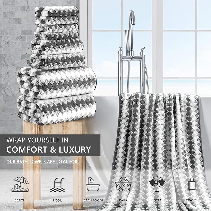 8 Piece Bathroom Towel Set Dark Grey|2 Oversized Large Bath Towels Sheet