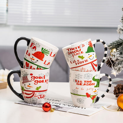 Topadorn 18 oz Christmas Mugs Set of 4, Ceramic Coffee Cups with Snowman & Christmas Hat Design - Gift for Family and Friends, Ideal for Holiday Party, Hot Chocolate, Tea