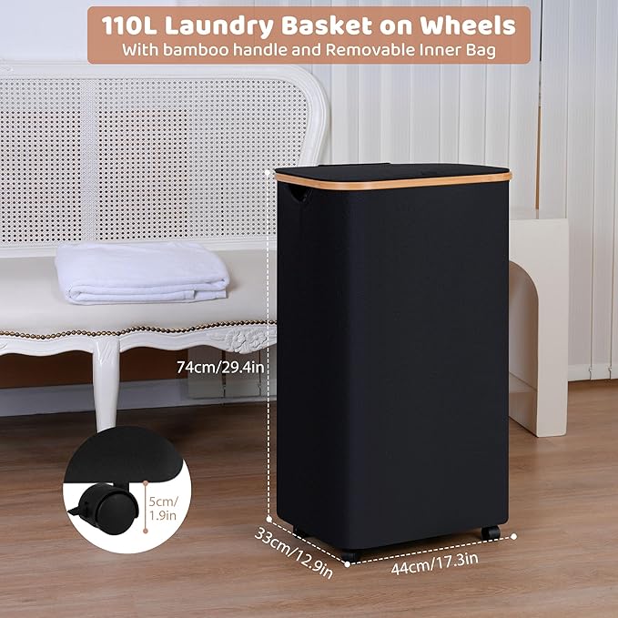 Laundry Basket with Wheels, 110L Black Clothes Hamper