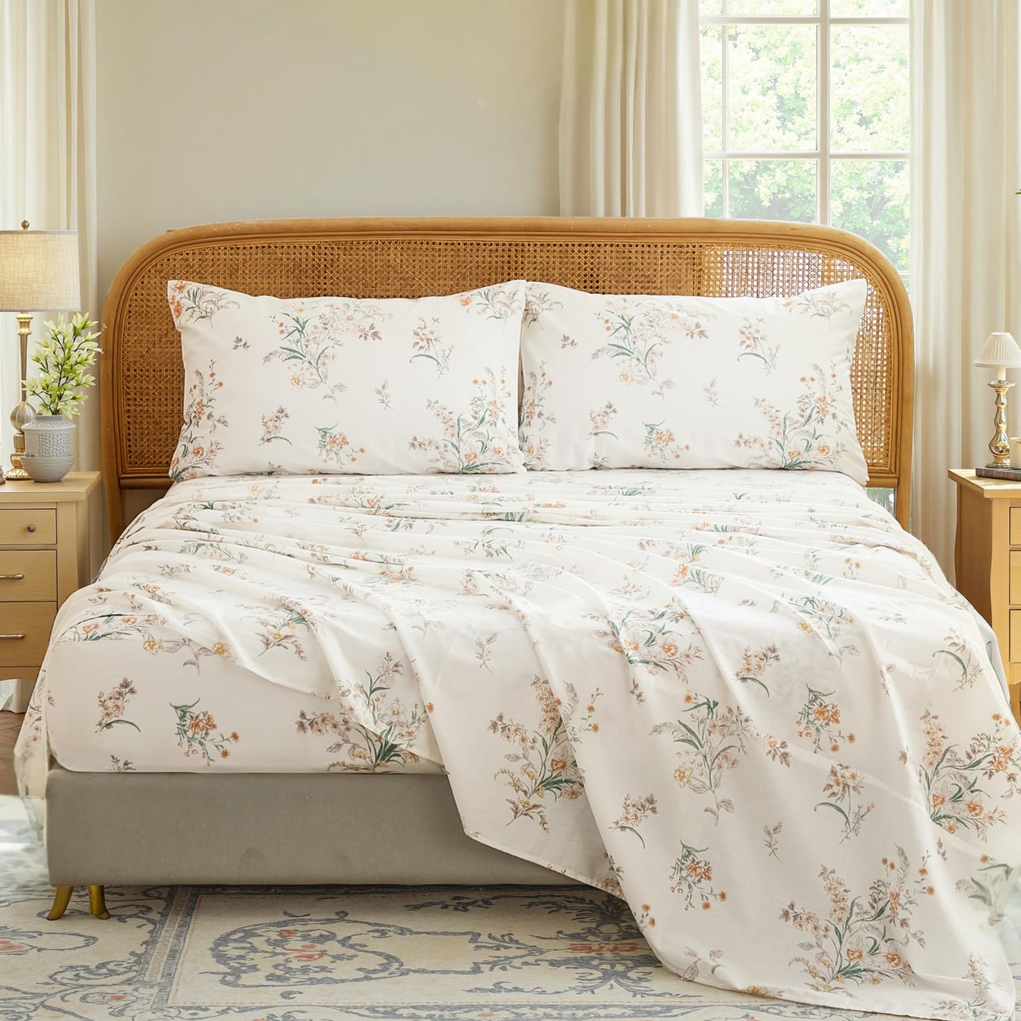 Cozaline 100% Cotton Sheet Set King Size – 4-Piece Shabby Chic Floral Bedding Set, Soft Breathable Percale Weave, Deep Pocket Fitted Sheet 17.5", Crisp Cool Feel, Refined Botanical Elegance