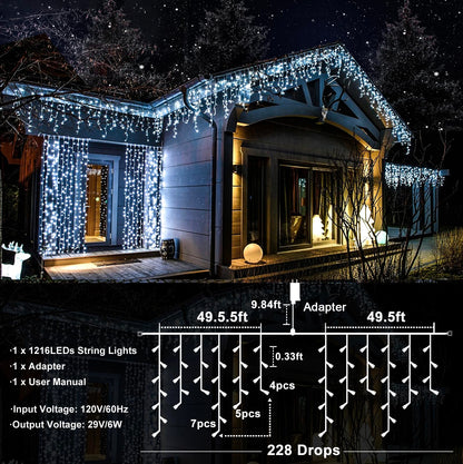 99ft 1216 LED Icicle Christmas Lights Outdoor - 8 Modes Icicle Lights with 228 Drops, Waterproof Plug in Fairy Curtain Light with Timer Memory for Party Holiday Wedding Decorations, Cool White
