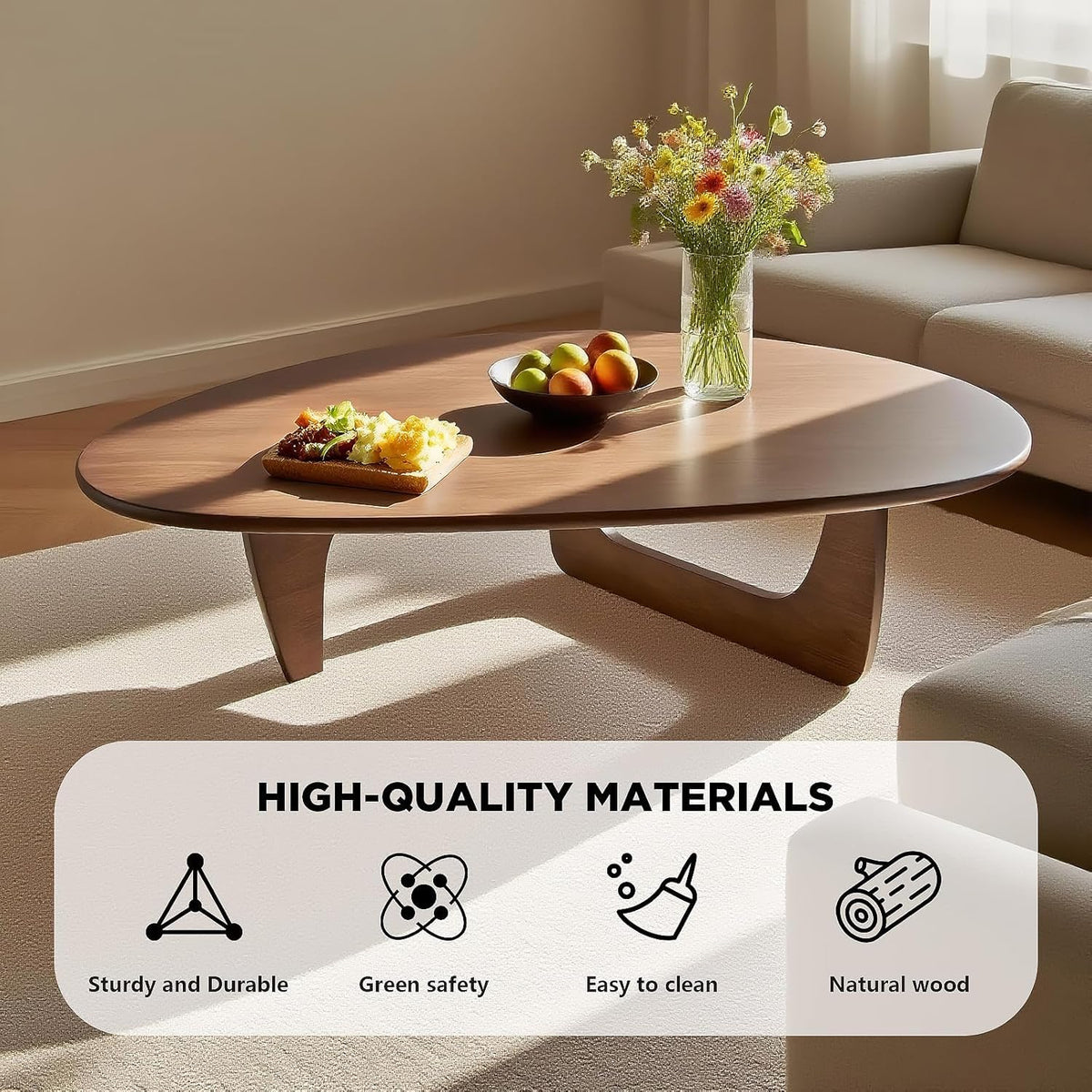 Solid Wood Triangle Coffee Table,Unique Mid Century Modern Oval Coffee Table,Irregular Geometric Tea Tables for Home Living Room with Wooden Tabletop and Reinforced Legs Walnut 35" L x 24" W x 16" H