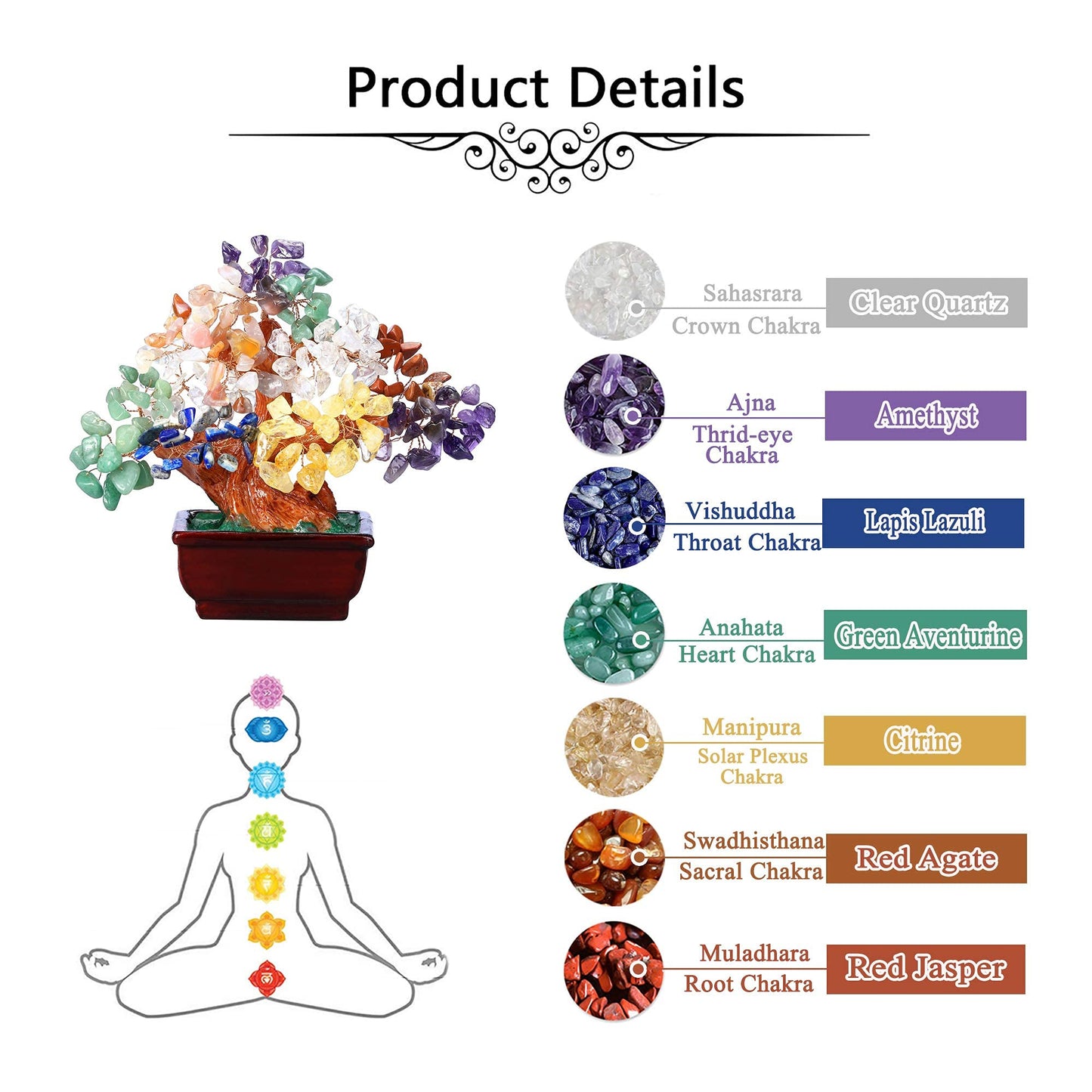 Jovivi Natural 7 Chakra Gemstone Crystal Money Tree Resin Base Bonsai Feng Shui Decorations for Wealth and Luck 6.3"-6.7"