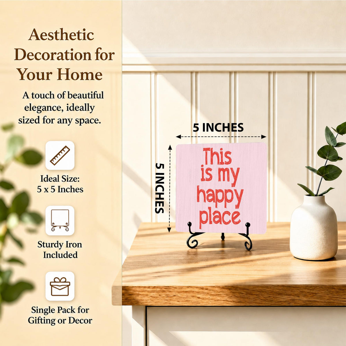 This Is My Happy Place Wooden Sign With Stand, Home Farmhouse Desk Table Decor, Inspirational Plaque Gifts For Friend Family Colleague, Motivational Office Desk Decor For Shelf, 02