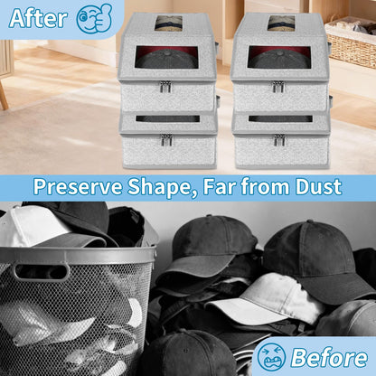 2 Pack Hat Storage Boxes for Baseball Caps - Stackable Clear Hat Organizer Box with Window Lid, Dustproof Closet Hat Case for 20-30 Caps, Large Foldable Ball Cap Storage Organizer for Men & Women