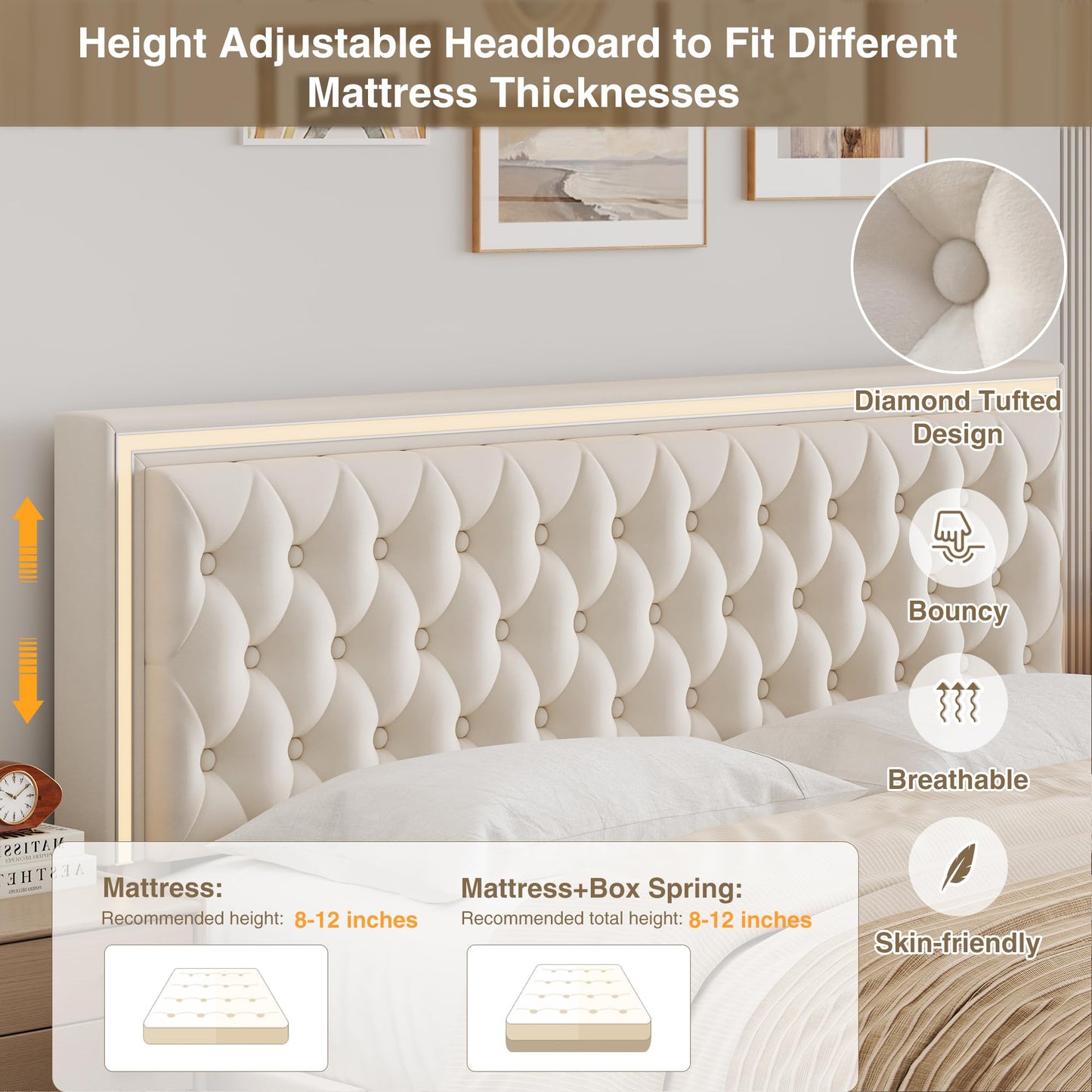 Keyluv Full Size LED Bed Frame with 4 Storage Drawers and Adjustable Headboard, Velvet Upholstered Button Tufted Modern Platform Bed, Solid Wooden Slats Support, Easy Assembly, Beige