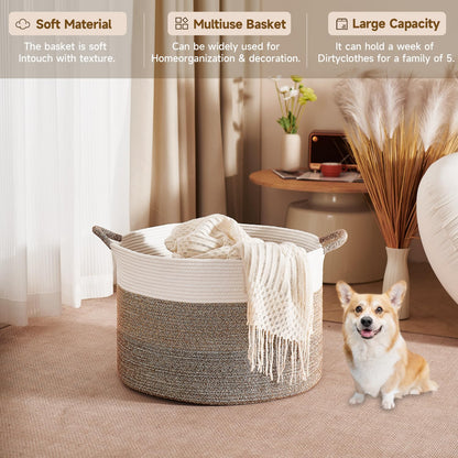 CLHMILY&Z Round Cotton Rope Storage Basket - 22x14.2 Inches - Stylish Nursery Storage Bin, Baby Toy Organizer, Soft Cotton Basket for Home Decor, Multi-Purpose Storage Solution