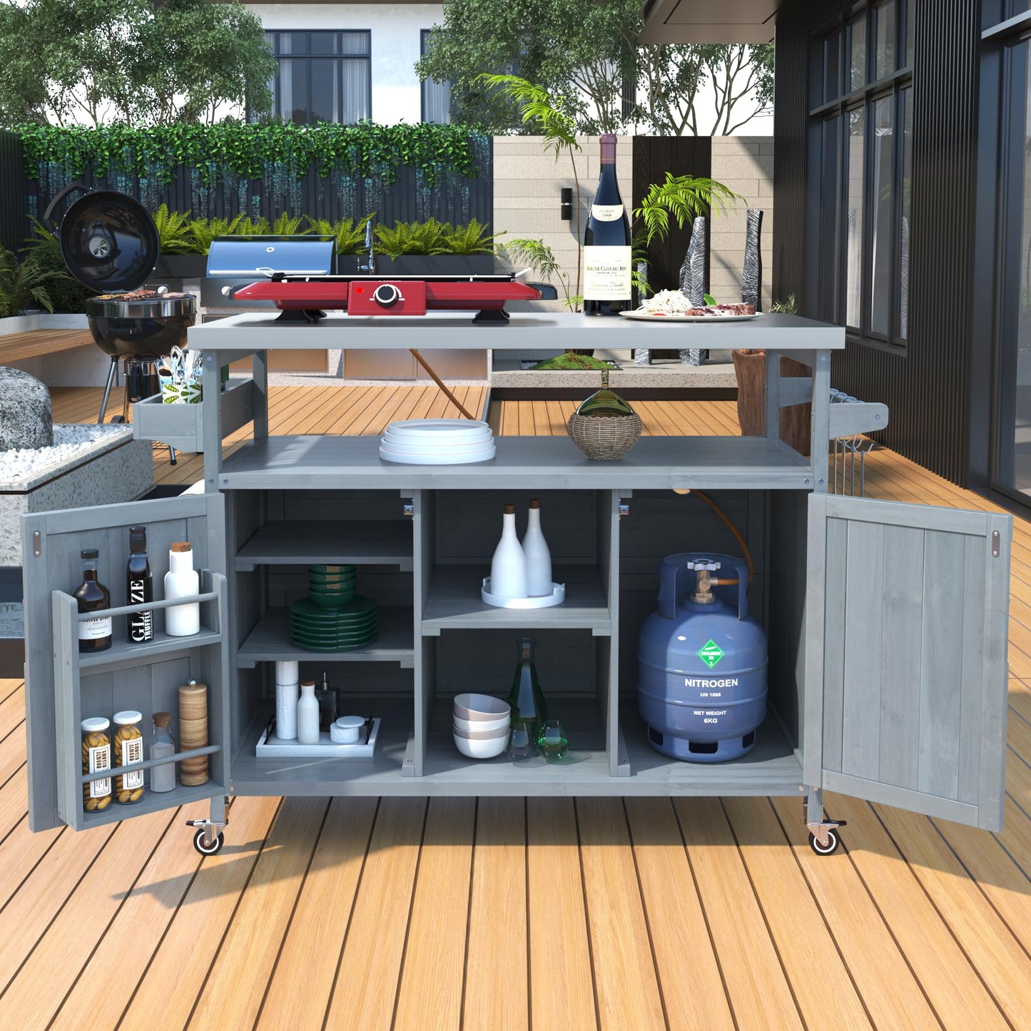 Ball & Cast Outdoor Kitchen Island,Rolling Bar Cart & Storage Cabinet,Farmhouse Solid Wood Outdoor Grill Table with Stainless Steel Top,Spice and Towel Rack,for Kitchen,Barbecue,Grey+Blue,50.25"
