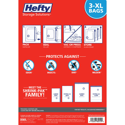 Hefty Shrink-Pak - 3 Extra Large Vacuum Storage Bags for Clothes, Pillows, Towels, or Blankets - Space Saver Vacuum Sealer Bags Ideal Under Bed Storage Solutions