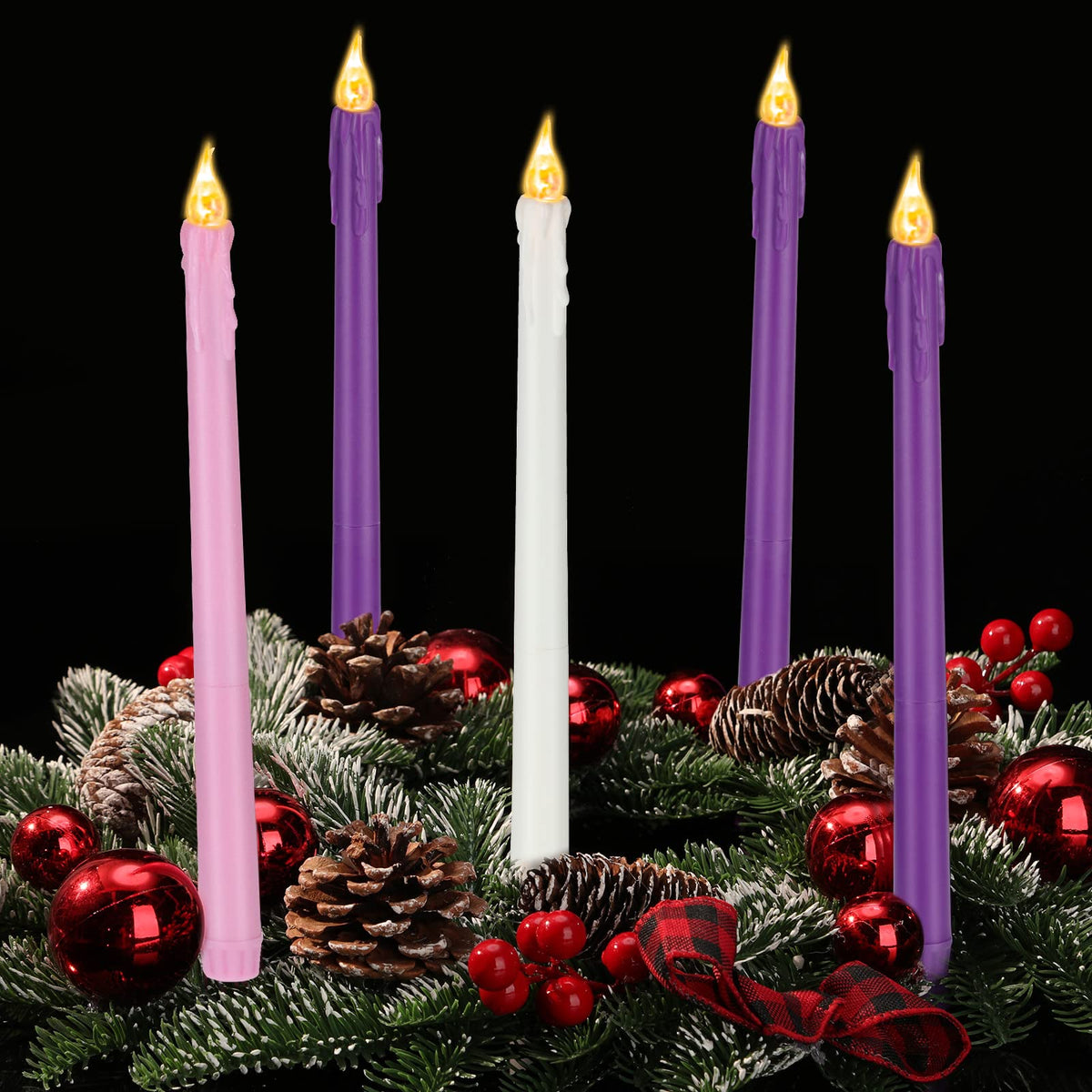 BBTO Christmas Flameless Advent Candles Set of 5 Battery Operated Candles LED Taper Candle Purple & Pink Glitter Flickering Candle for Christmas Fireplace Wreath Decor(Teardrop Style)