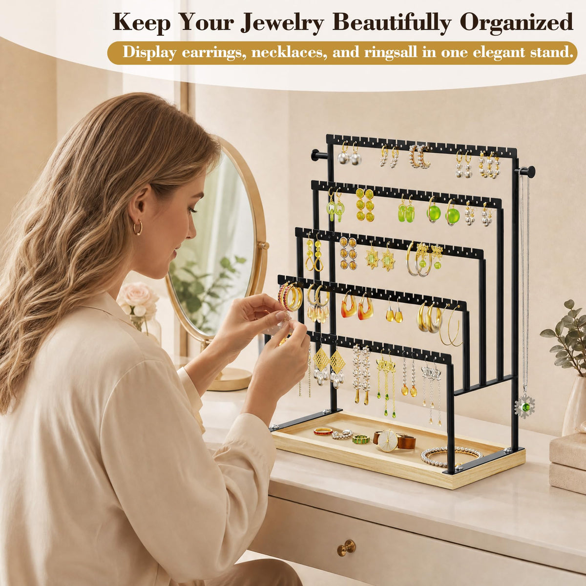 TIPSYTREE 5 Tier Earring Holder Organizer with Attached Wooden Tray, Large Earring Storage for Studs Hoops Dangle Earrings, Black Metal Earring Display Stand for Dresser or Vanity Table